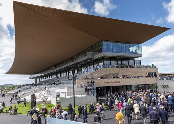 Curragh, Ireland. May 26, 2019: The Aga Khan Grandstand at The Curragh Racecourse was officially opened during a ceremony led by An Taoiseach (Prime Minister) Leo Varadkar and His Highness Prince Karim Aga Khan IV. Image credit: Aga Khan Studs