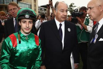 Chantilly, France. 2011: Christophe Lemaire with His Highness Prince Karim Aga Khan IV at the Group 1 Prix de Diane race. Image credit: Julian Hakimian / Idol Horse