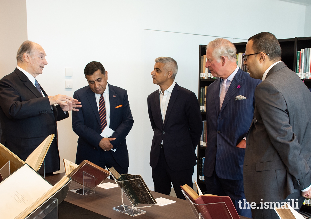 London, England. June 26, 2018: (L-R) His Highness Prince Karim Aga Khan IV in conversation with Lord Ahmad, Mayor Sadiq Khan, the then HRH The Prince of Wales, and Head Librarian of the Institute of Ismaili Studies Library Dr. Walid Ghali during the inauguration of the Aga Khan Centre in King's Cross London. Image credit: The Ismaili