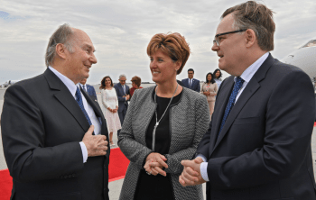 Ottawa, Canada., May 1, 2018: His Highness Prince Karim Aga Khan IV being greeted on arrival by the Honourable Marie-Claude Bibeau, Minister of International Development and La Francophonie; Marc-André Blanchard, Ambassador and Permanent Representative of Canada to the United Nations and soon to be Canada's Representative to the Ismaili Imamat; various members of Parliament and other civil society leaders. Image credit: AKDN / Zahur Ramji