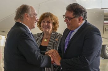 Calgary, Canada. May 7, 2018: His Highness Prince Karim Aga Khan IV is greeted by Lois Mitchell, Lieutenant Governor of Alberta, and Calgary Mayor Naheed Nenshi upon arrival for his Aga Khan diamond jubilee celebrations. Image credit: AKDN