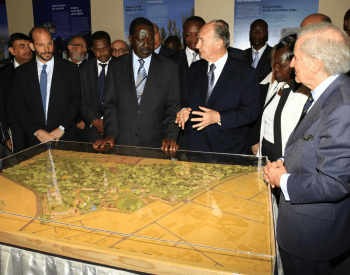 Nairobi, Kenya. November 29, 2012: (L-R) From left to right, Prince Hussain Aga Khan, Prime Minister of Kenya Raila Odinga, His Highness Prince Aga Khan IV and Luis Monreal, General Manager of the Aga Khan Trust for Culture, viewing a scale model of Nairobi City Park. A Memorandum of Understanding (MoU) was signed between the Government of Kenya, the Ministry of State for National Heritage and Culture, the City Council of Nairobi and the Aga Khan Trust for Culture to collaborate in the rehabilitation and restoration of the Nairobi City Park to international standards in terms of architecture, landscape and horticulture. Image credit: AKDN / Samwell Nyakondo