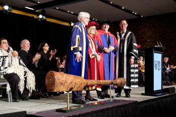Vancouver, Canada. October 19, 2018. At an unprecedented joint ceremony in downtown Vancouver, the University of British Columbia (UBC) and Simon Fraser University (SFU) each conferred an honorary doctorate of laws from both schools to His Highness Prince Karim Aga Khan IV. Image credit: BC Premier John Horgan / Province of British Columbia