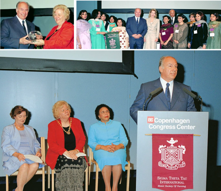 Copenhagen, Denmark. June 7th, 2001: His Highness prince Karim Aga Khan IV, Imam (spiritual leader) of the Ismaili Muslims and founder of AKDN - one of the largest private networks of healthcare institutions in the developing world, this evening received the prestigious Archon Award from the international nursing honour society, Sigma Theta Tau International. The Award Ceremony took place as delegates from around the world gathered in Copenhagen for the 12th International Nursing Research Congress and the International Council of Nurses’ 22nd Quadrennial Congress.
top left: His Highness prince Karim Aga Khan IV receives the Archon Award from Dr. Patricia Thompson, President of Sigma Theta Tau International
top right: His Highness prince Karim Aga Khan IV with the Rho Delta Chapter of Sigma Theta Tau International
bottom: His Highness the Aga Khan delivering a speech when receiving the Archon Award. President of Sigma Theta Tau International, Dr Patricia Thompson (middle) looks on together with AKU Faculty members: Dr May L. Wikle (right) and Dr Karen H. Morin (left), Professor, Dean of School of Nursing Faculty.
image credits: Ismaili.net, Amaana, AKDN