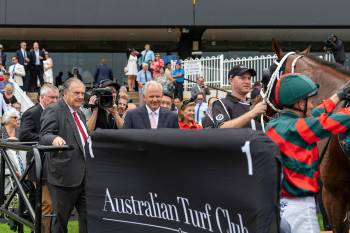 Australia, 2019: The Autumn Sun, the champion Arrowfield co-bred with the Aga Khan, being inspected by John Messara after a racetrack win. Image credit: Bronwen Healy
