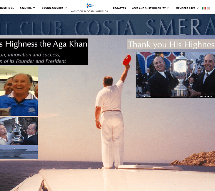 His Highness Prince Karim Aga Khan IV, President of the Yacht Club Costa Smeralda (YCCS) Images, left to right: – 2 images on the left(August 1992): Richard Branson presenting His Highness Prince Karim Aga Khan IV Virgin Atlantic Challenge Trophy on Destriero's record breaking Atlantic crossing. - bottom-left: (August 6, 1992) Destriero, an epitome of Italian naval technology, leaves behind the Ambrose Light in New York (USA), the skyscrapers of Manhattan and the Verrazzano bridge to embark on the record-breaking Atlantic Ocean crossing attempt – centre-right (August 1992): New York Yacht Club’s Columbus Atlantic Trophy being awarded to His Highness Prince Karim Aga Khan IV for Destriero setting a still-unbroken Atlantic crossing record. – top-right: Destriero, flying the Yacht Club Costa Smeralda burgee, crossed the Atlantic Ocean in record time (non-stop 3,106 miles in 58 hours, 34 minutes and 50 seconds, at an average speed of 53.09 knots). – bottom-right (June, 1983): Azzurra, in her first race for the Challenger Series of the 25th America’s Cup in Newport, Rhode Island, USA