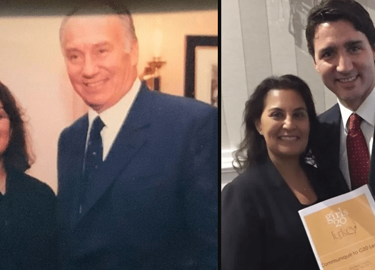 Farah Mohamed with (l) His Late Highness Prince Karim Aga Khan IV and (r) Canadian Prime Minister Justin Trudeau. Image credit: Farah Mohamed