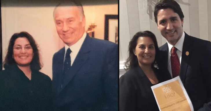 Farah Mohamed with (l) His Late Highness Prince Karim Aga Khan IV and (r) Canadian Prime Minister Justin Trudeau. Image credit: Farah Mohamed