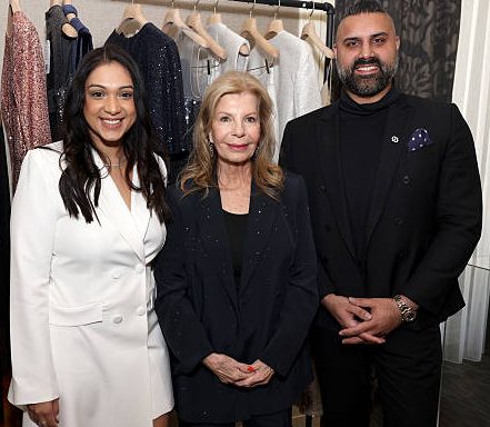 CHICAGO, ILLINOIS - APRIL 03: (L-R) Rozmin Valliani, Princess Yasmin Aga Khan and Ebrahim Valliani attend as Akris Celebrates Princess Yasmin Aga Khan As Global Woman With Purpose Before Opening Boutique In Chicago at Waldorf Astoria Chicago on April 03, 2025 in Chicago, Illinois. (Photo by Barry Brecheisen/Getty Images fpr Akris)