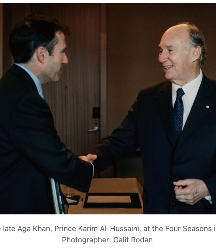 John Stackhouse and the late Aga Khan IV, Prince Karim Al-Hussaini, at the Four Seasons in Toronto, Ontario, 2014. Photographer: Galit Rodan