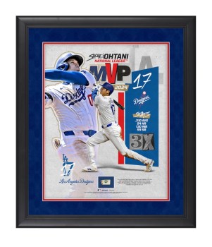 Shohei Ohtani has won the 2024 National League MVP Award and this Fanatics Authentic Framed 16" x 20" Collage is the perfect way to celebrate your favorite player. Featuring a piece from a game-used baseball, this frame will make the perfect addition to your Shohei Ohtani or Los Angeles Dodgers collection. Image credit: Al Dhalla