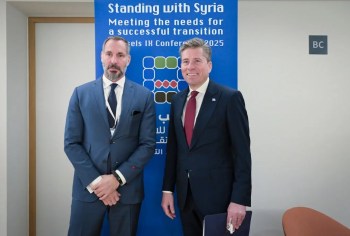 Brussels, Belgium. March 17, 2025: His Highness Prince Rahim al-Hussaini Aga Khan V with Tom Fletcher, United Nations Under-Secretary-General for Humanitarian Affairs and Emergency Relief Coordinator, United Nations Office for the Coordination of Humanitarian Affairs. Image credit: AKDN / DPMN