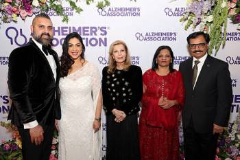 Chicago, USA. May 10, 2025: (L-R) Ebrahim Valliani, Rozmin Valliani, Princess Yasmin Aga Khan, Rukhsana Noorani and Sadruddin Noorani attend the Alzheimer's Association Chicago Rita Hayworth Gala at The Old Post Office. Image credit: Barry Brecheisen / Getty Images for Alzheimer's Association
